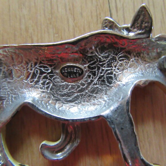 KENNETH LANE ENAMEL/CRYSTAL BOW PANTHER/CAT/TIGER/COUGAR/PIN/BLACK & TAN! - Picture 3 of 3